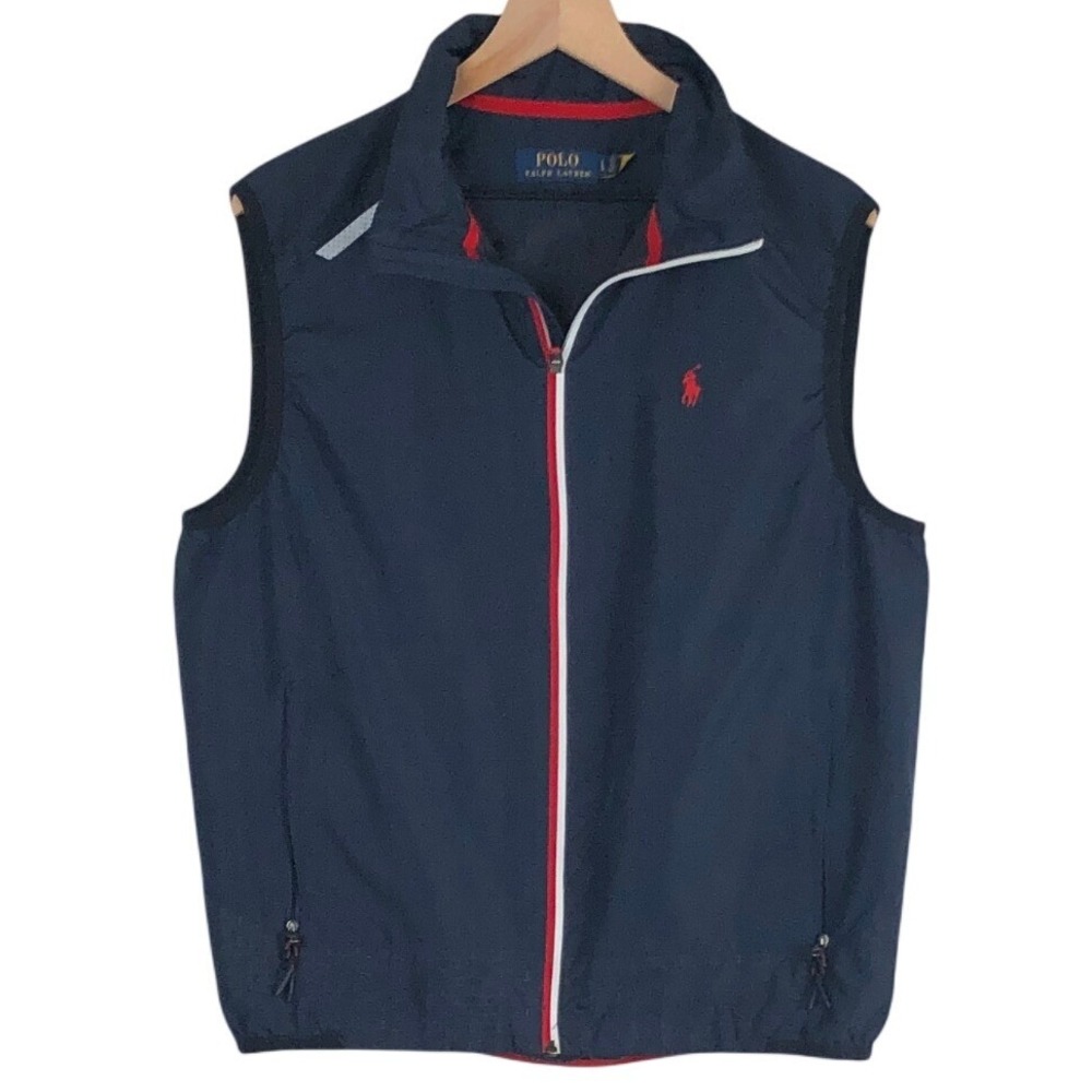 POLO Ralph Lauren Full Zip Windbreaker Vest Men's L Navy Blue Red Pony Logo EUC